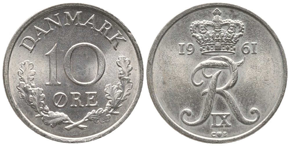 ДАНИЯ 10 ЭРЕ 1962 C; S, ФРЕДЕРИК IX (1947-1972) KM 849.1 медно-никель 100-1142