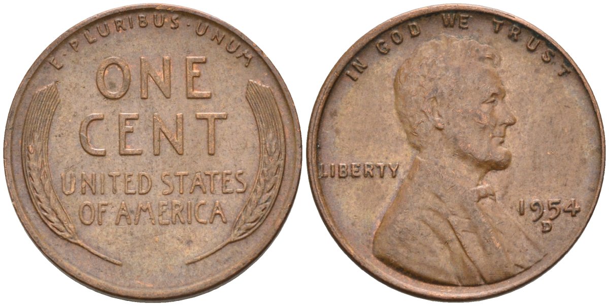 США 1 цент 1954 D, Линкольн KM А132 медь цинк 4115-818