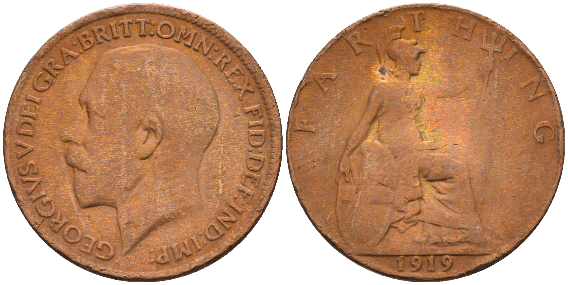 Великобритания 1 фартинг 1919 Георг V (1910-1936) KM 808.2 Spink 4060 бронза 4594-125