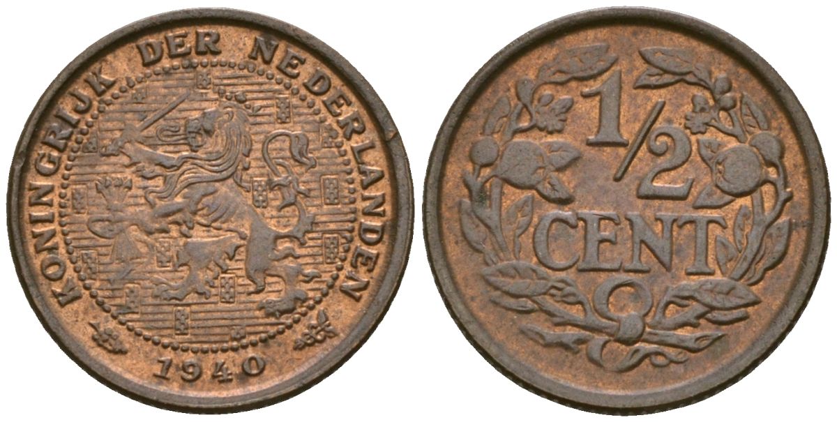 Нидерланды 1/2 цента 1940 Вильгельмина (1890-1948) KM 138 бронза 4169-458