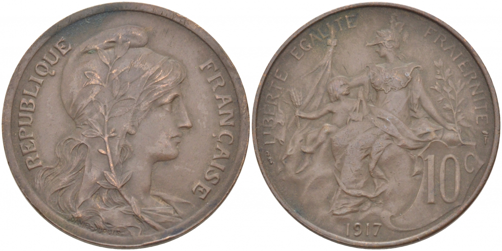 Франция 10 сантимов 1917 тип Даниэль Дюпюи KM 843, LA FRANC 136.29 бронза 3457-544