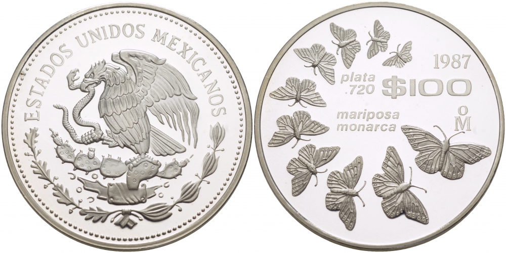 МЕКСИКА 100 ПЕСО 1987 СЕРИЯ 25 ЛЕТ ЗАЩИТЕ ОКРУЖАЮЩЕЙ СРЕДЫ, БАБОЧКА МАХАОН KM 537 серебро PROOF 00-00
