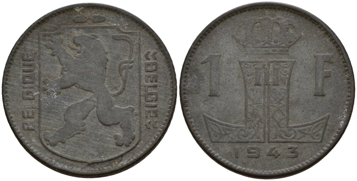 Бельгия 1 франк 1943 Belgique - Belgie, Леопольд III (1934-1947), германская оккупация, Вторая мировая война KM 127 цинк 4161-521