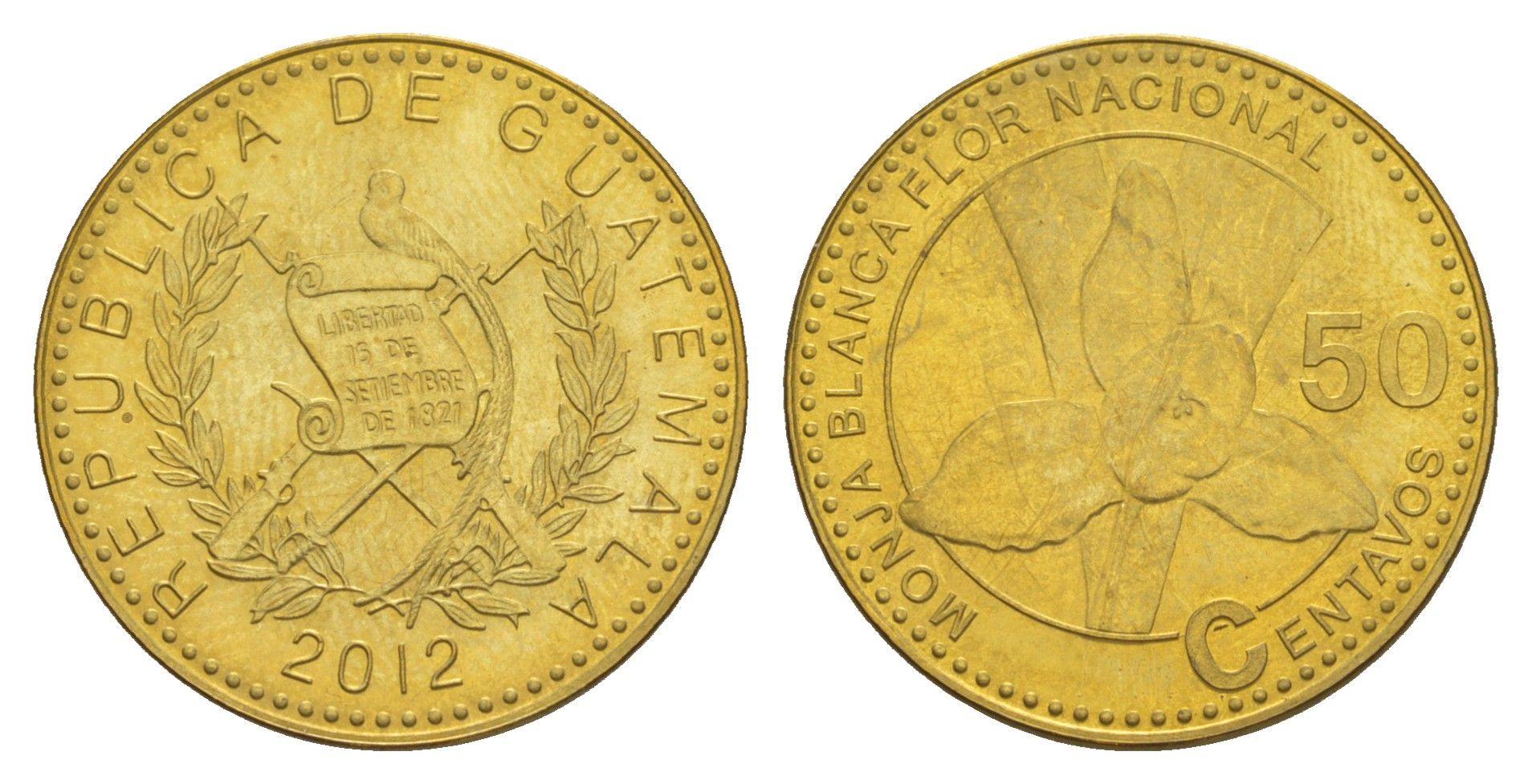 Гватемала 50 сентаво 2012 KM 283a сталь плакированная латунью UNC 4642-832