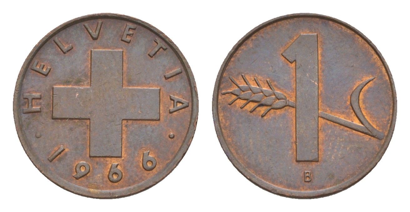 Швейцария 1 раппен 1966 B KM 46 бронза UNC 3458-247