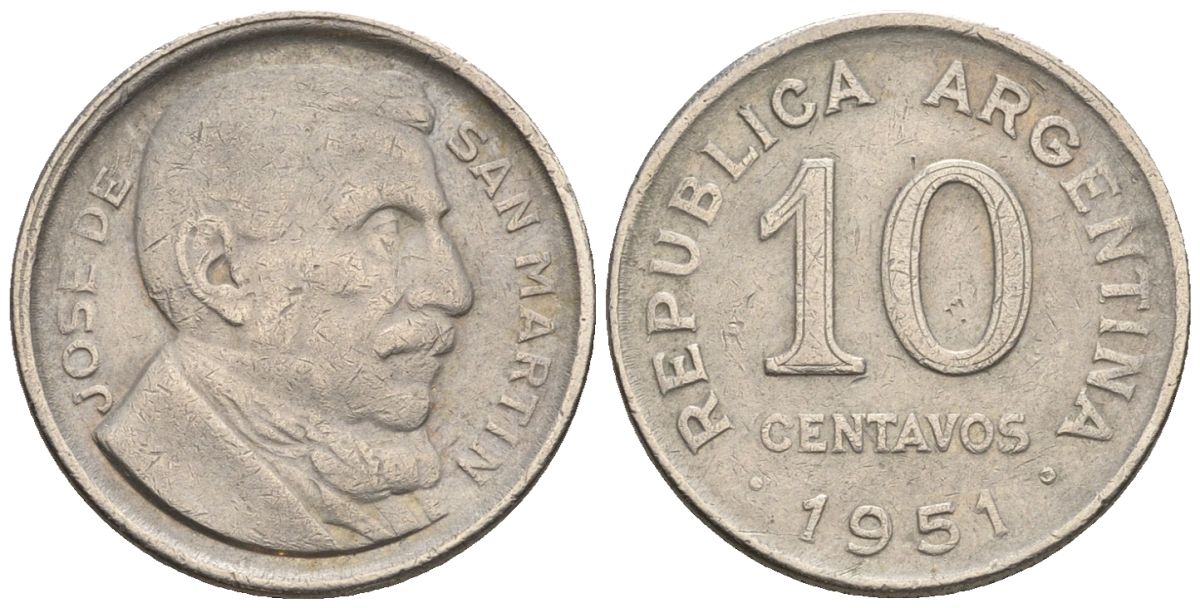 Аргентина 10 сентаво 1951 генерал Хосе де Сан Мартин KM 47, Schon 50 медно-никель    4609-1149