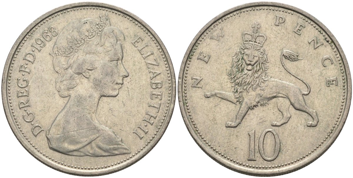 Великобритания 10 пенсов 1968 Елизавета II (1952-2022) KM 912, Spink 4231 (F1) медно-никель 81-1215