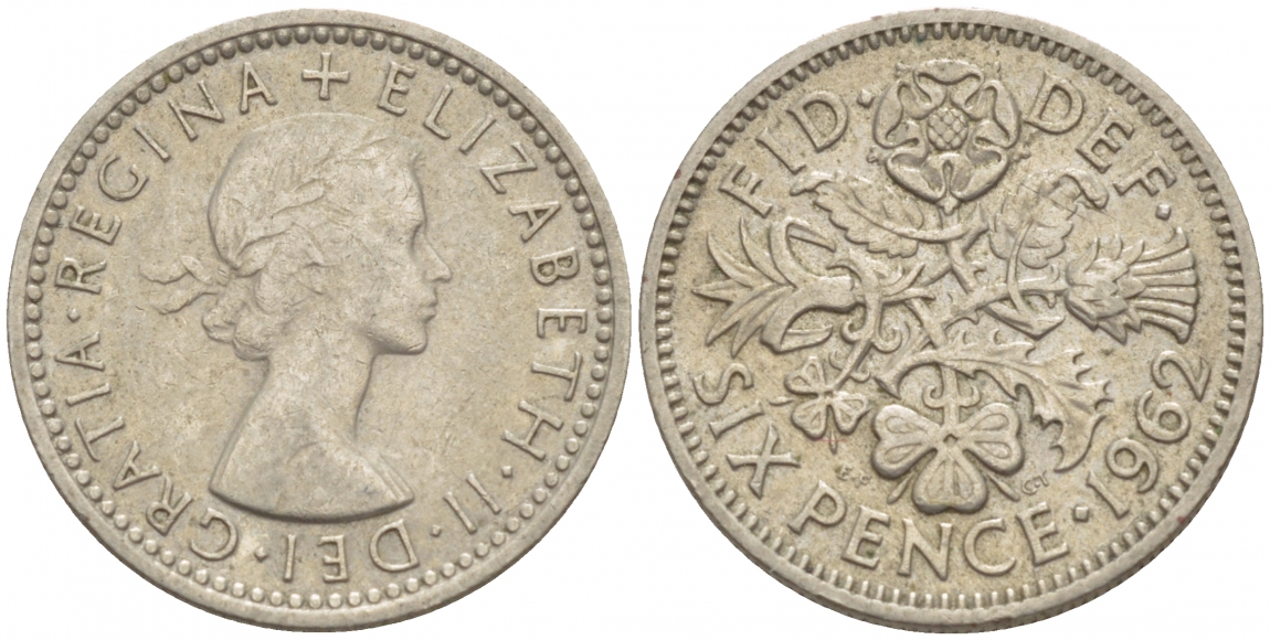 Великобритания 6 пенсов 1962 Елизавета II (1952-2022) KM 903, Spink 4149 медно-никель 4392-311