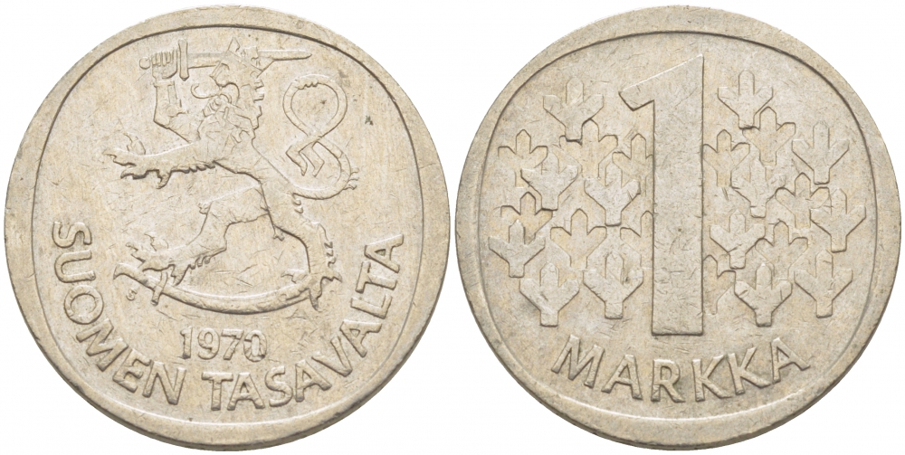 Финляндия 1 марка 1970 S KM 49а медно-никель 3718-726
