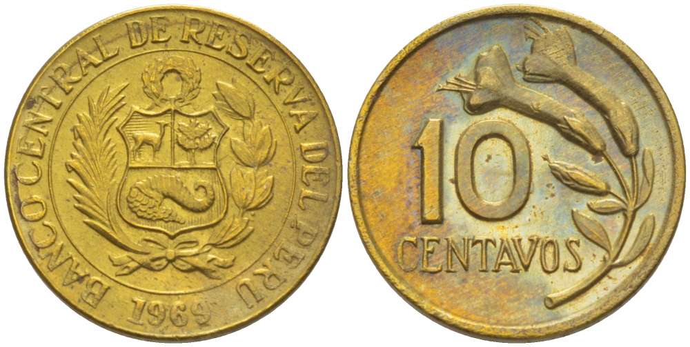 ПЕРУ 10 СЕНТАВО 1969 ЦВЕТОК KM 245.2 латунь 3309-647