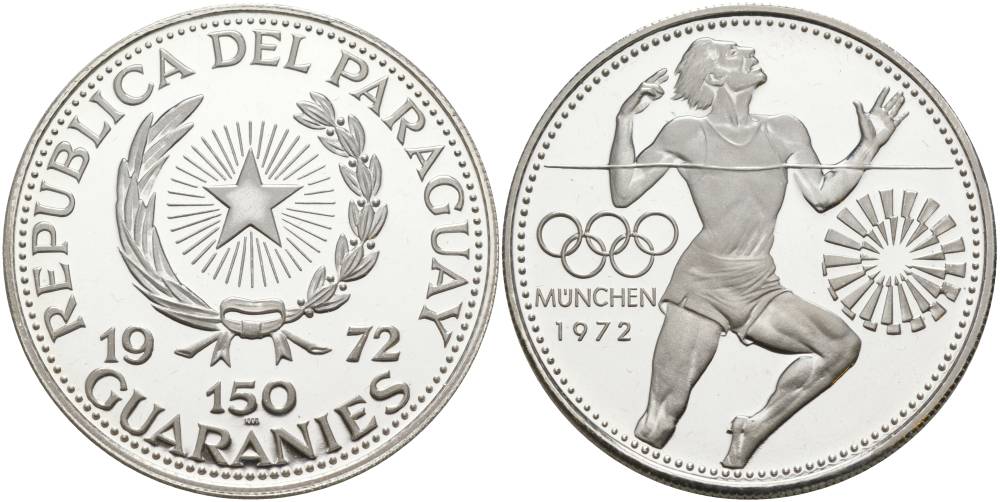 ПАРАГВАЙ 150 ГУАРАНИ 1972 ОЛИМПИЙСКИЕ ИГРЫ В МЮНХЕНЕ 1972 ГОДА, БЕГ, ТИРАЖ 10000 ЭКЗ. KM 32 серебро PROOF 01-172-33
