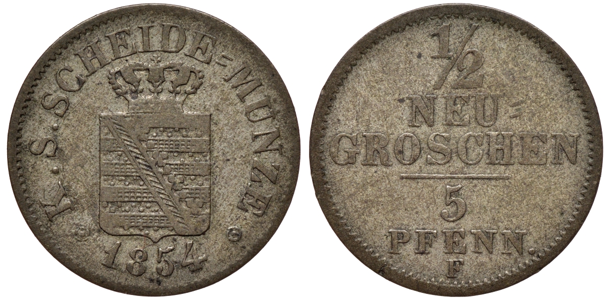 Саксония 1/2 новых гроша - 5 пфеннигов 1854 Фридрих Август II (1797-1854) KM 1158, J. 81 серебро 75-122