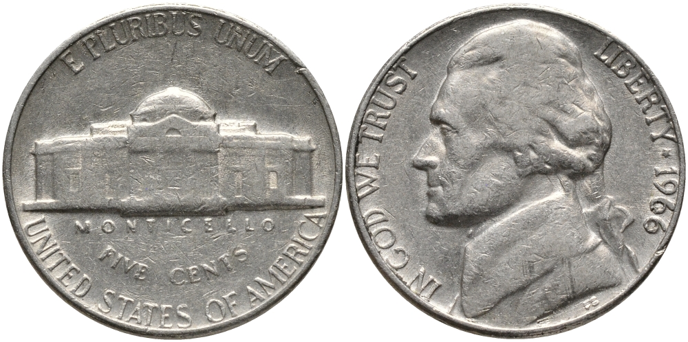 США 5 центов 1966 Джефферсон KM A192 медно-никель 4390-814