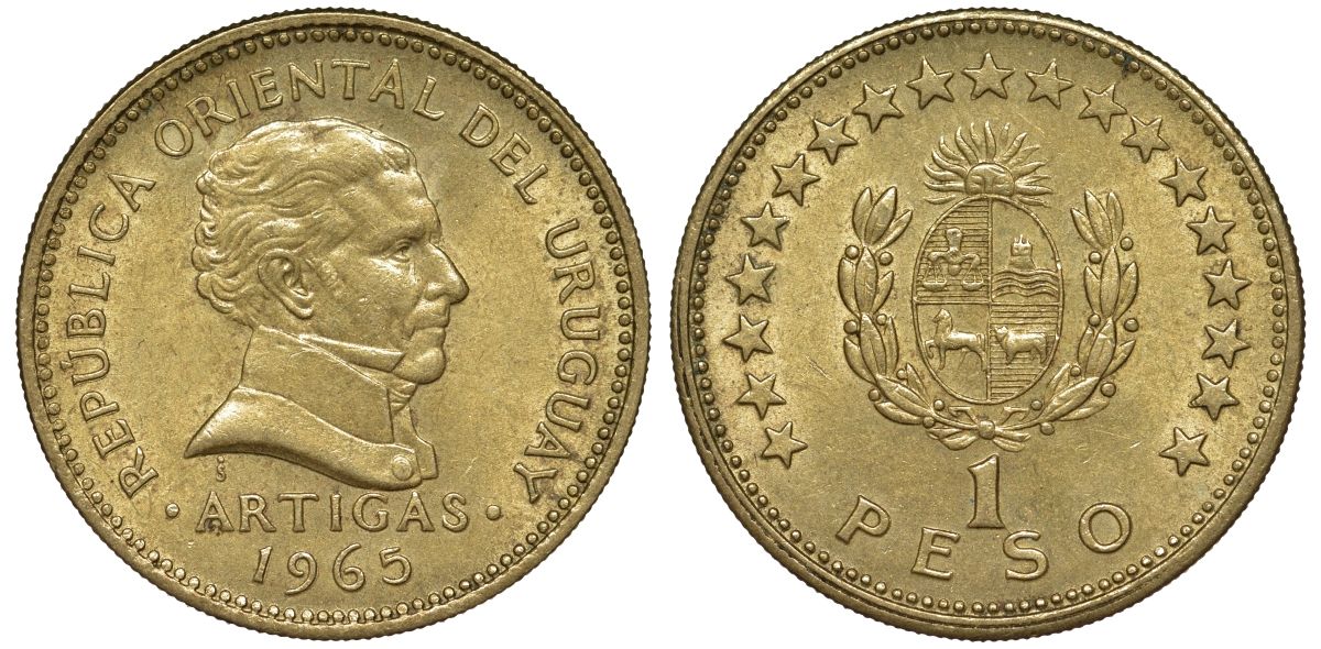 Уругвай 1 песо 1965 KM 46 алюминиевая бронза 190-956
