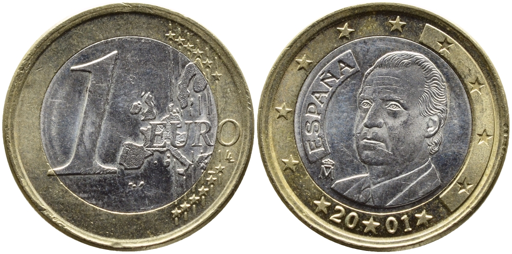 ИСПАНИЯ 1 ЕВРО 2001 ХУАН КАРЛОС I KM 1046 биметалл 4391-223