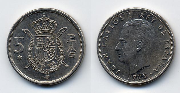 Испания 5 песет 1975 (78) Хуан Карлос I (1975-2014) KM 807 медно-никель 54-1811
