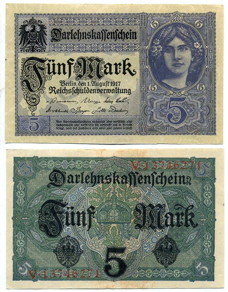 Германия 5 марок 1917 8 значный номер, серия V Pick 56 b бумага UNC (пресс) 8613-51-3-2