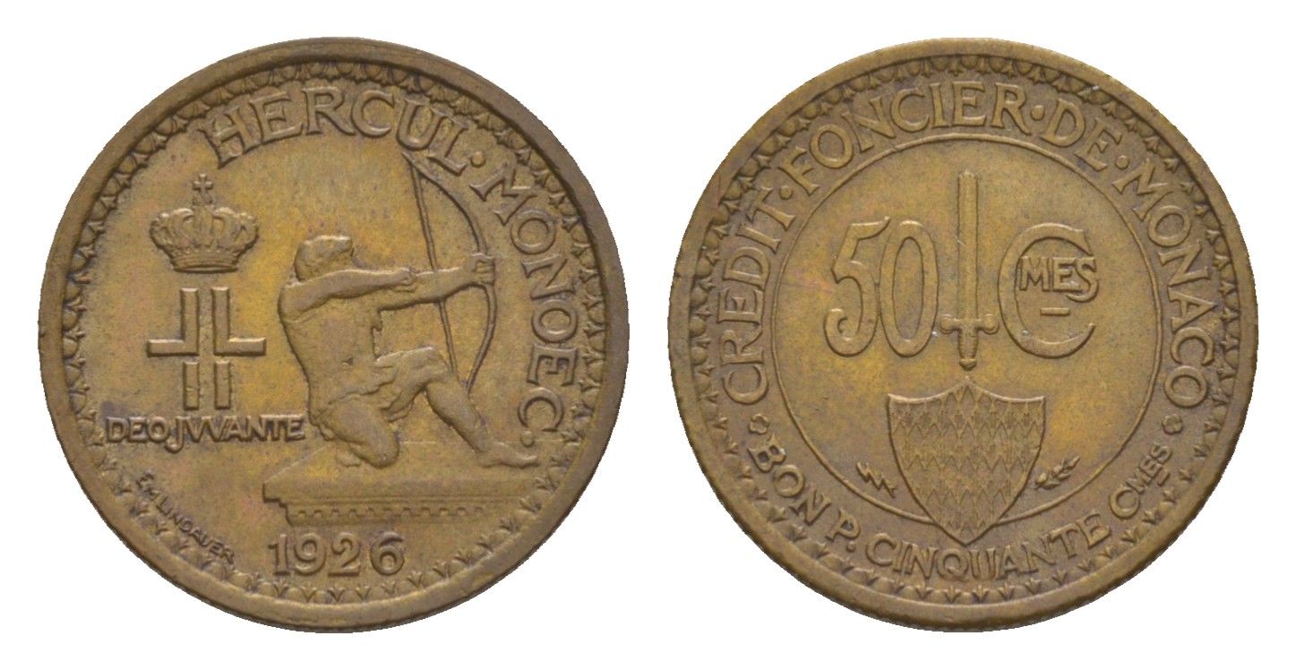 Монако 50 сантимов 1926 год-тип KM 113 алюминиевая бронза aUNC 5010-831