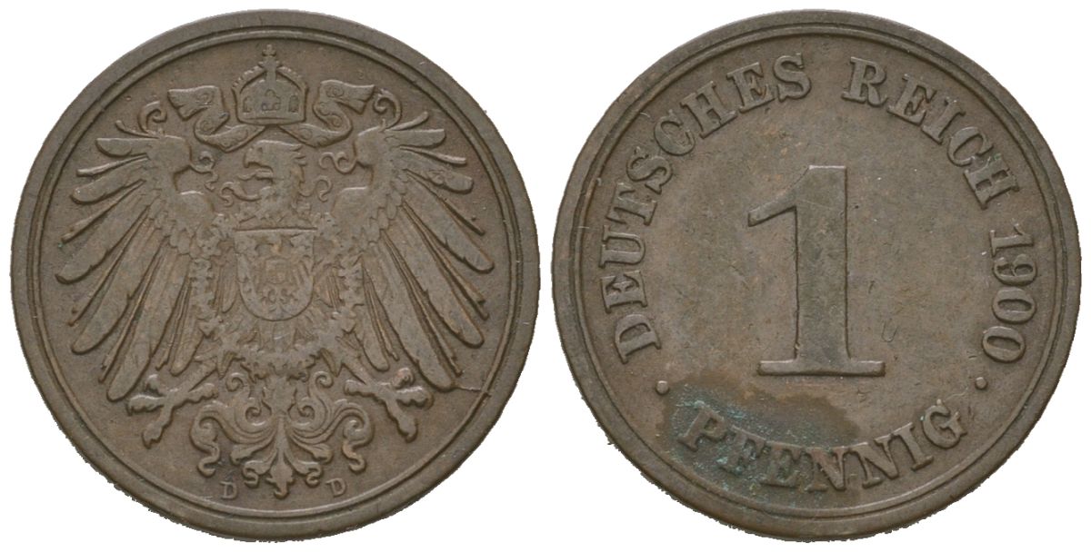 Германия 1 пфенниг 1900 D, Вильгельм II (1888-1918) KM 10, J. 10, Weege 2 медь 4615-216