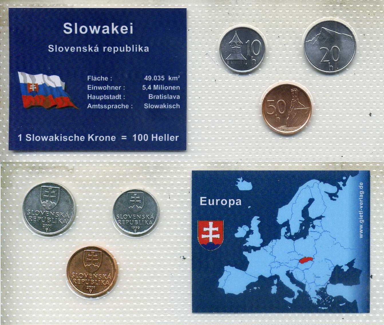 Словакия набор из 3 монет (10, 20 и 50 геллеров) 1999 и 2001 в красочном блистер, в запайке KM 17, 18 и 35 UNC 4-3-2-46