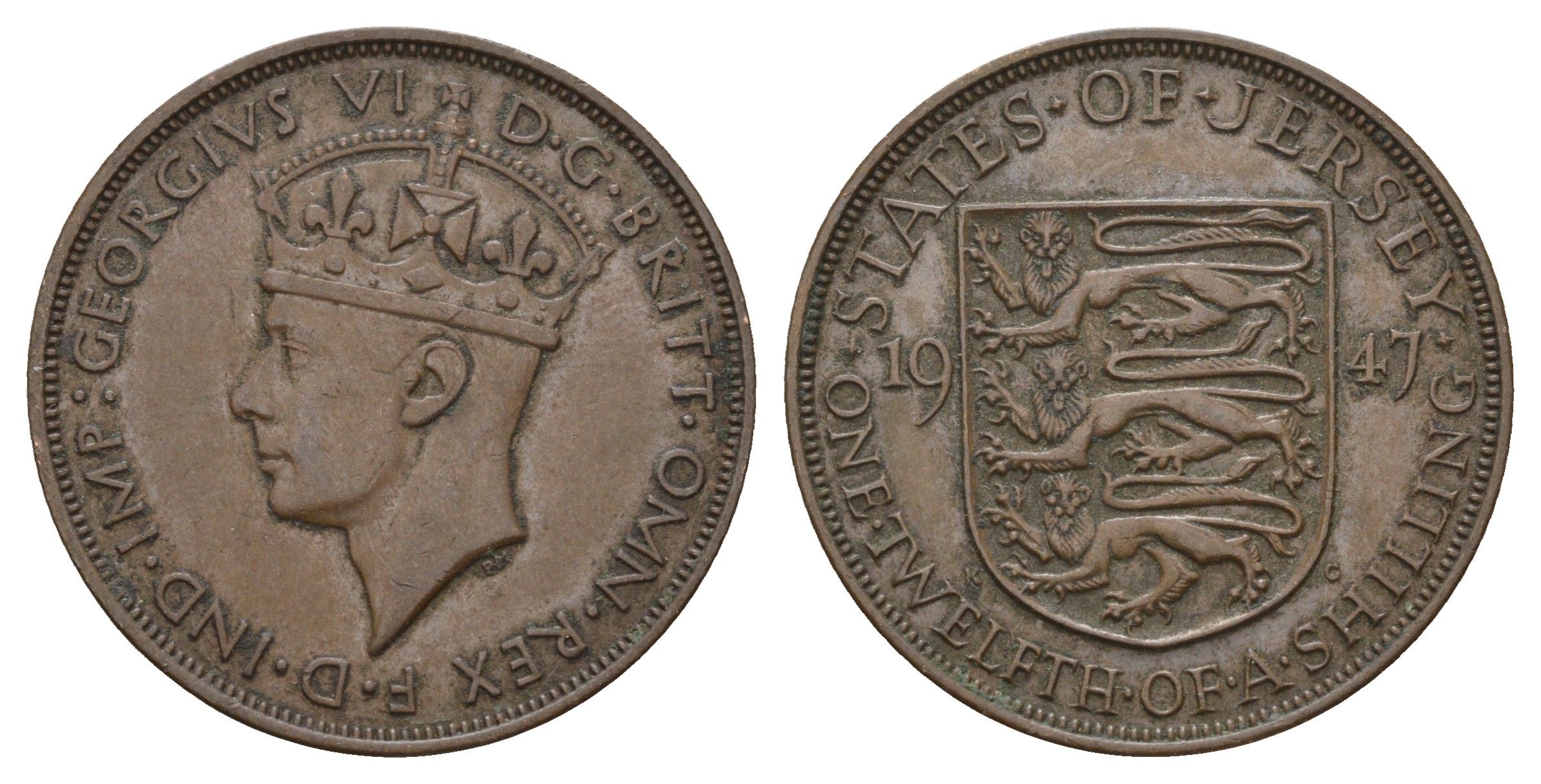 Джерси 1/12 шиллинга 1947 Георг VI (1936-1952) KM 18 бронза 4593-531