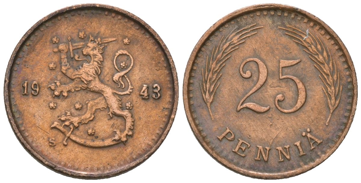 Финляндия 25 пенни 1943 S KM 25a медь 4174-1014