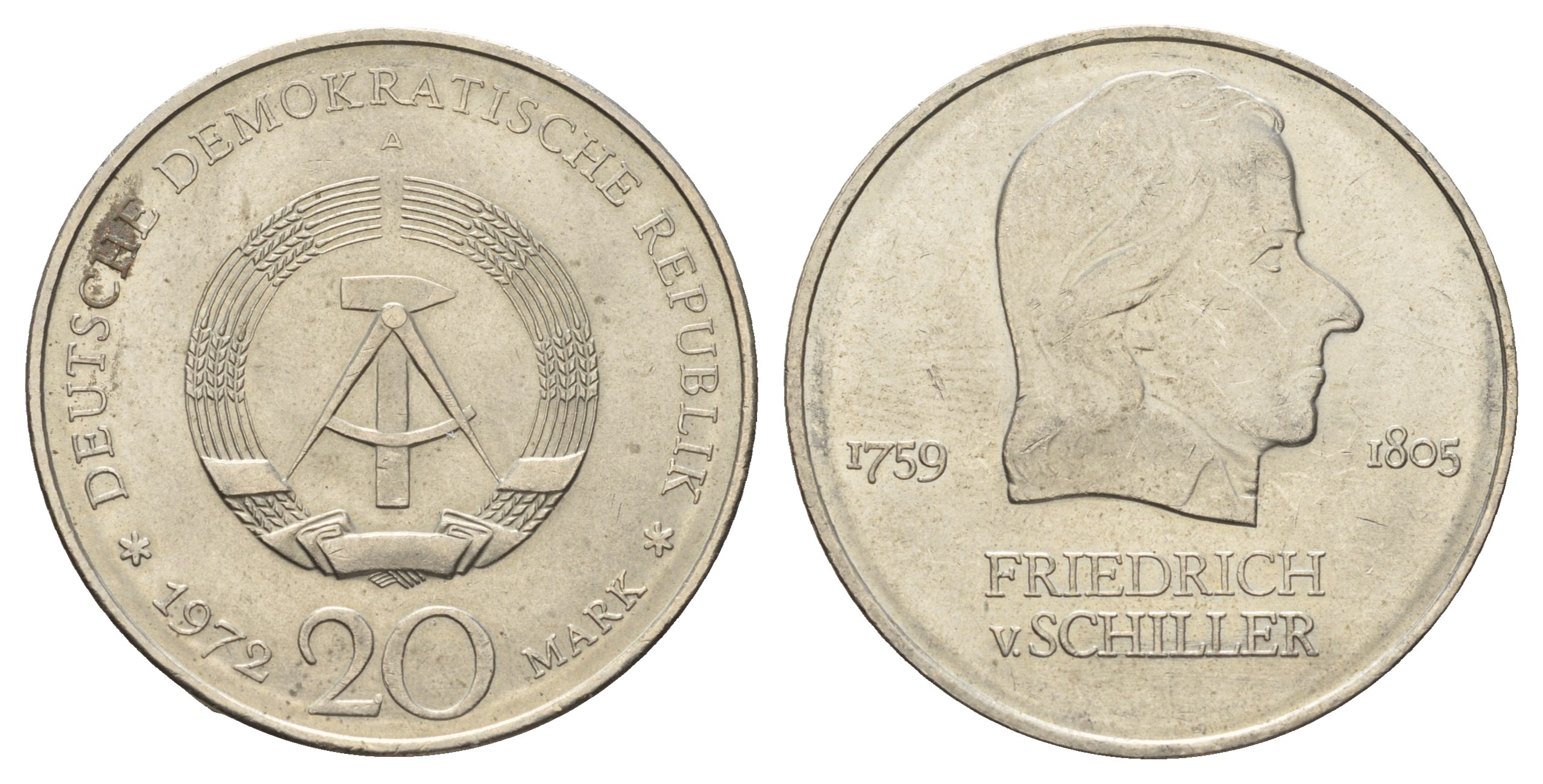 ГДР 20 марок 1972 А, Фридрих Шиллер (1759-1805) KM 40 медно-никель 4680-735