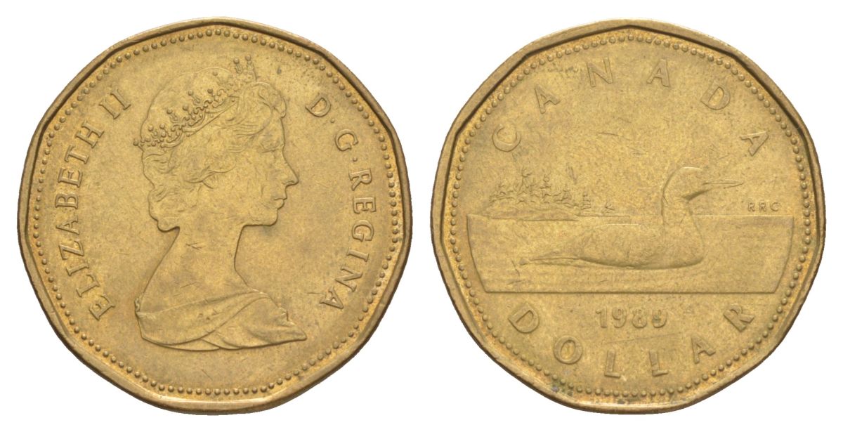 Канада 1 доллар 1989 Елизавета II (1952-2022), утка KM 157 никель плакированный позолоченной бронзой 4631-747