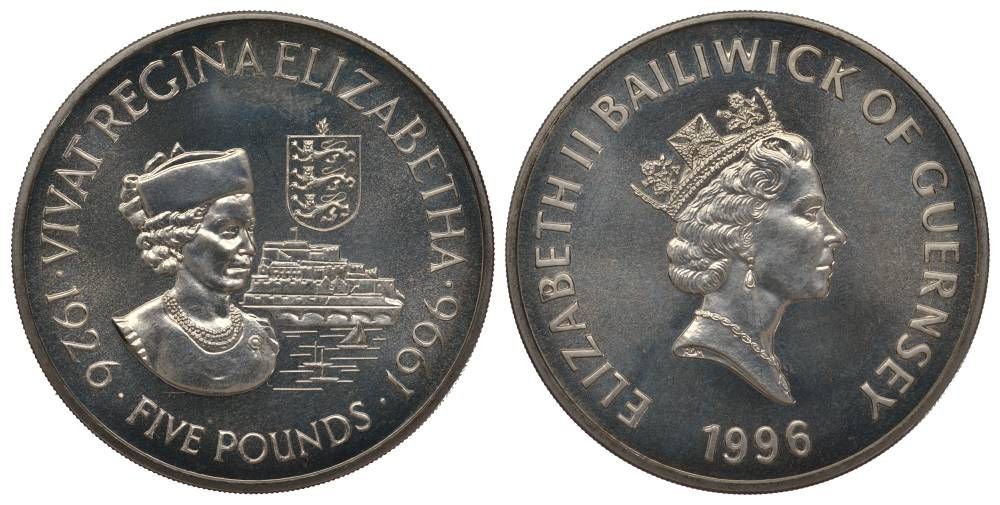 Гернси 5 фунтов 1996 70 лет королеве Елизавете II KM 79 медно-никель UNC 1078-4-13