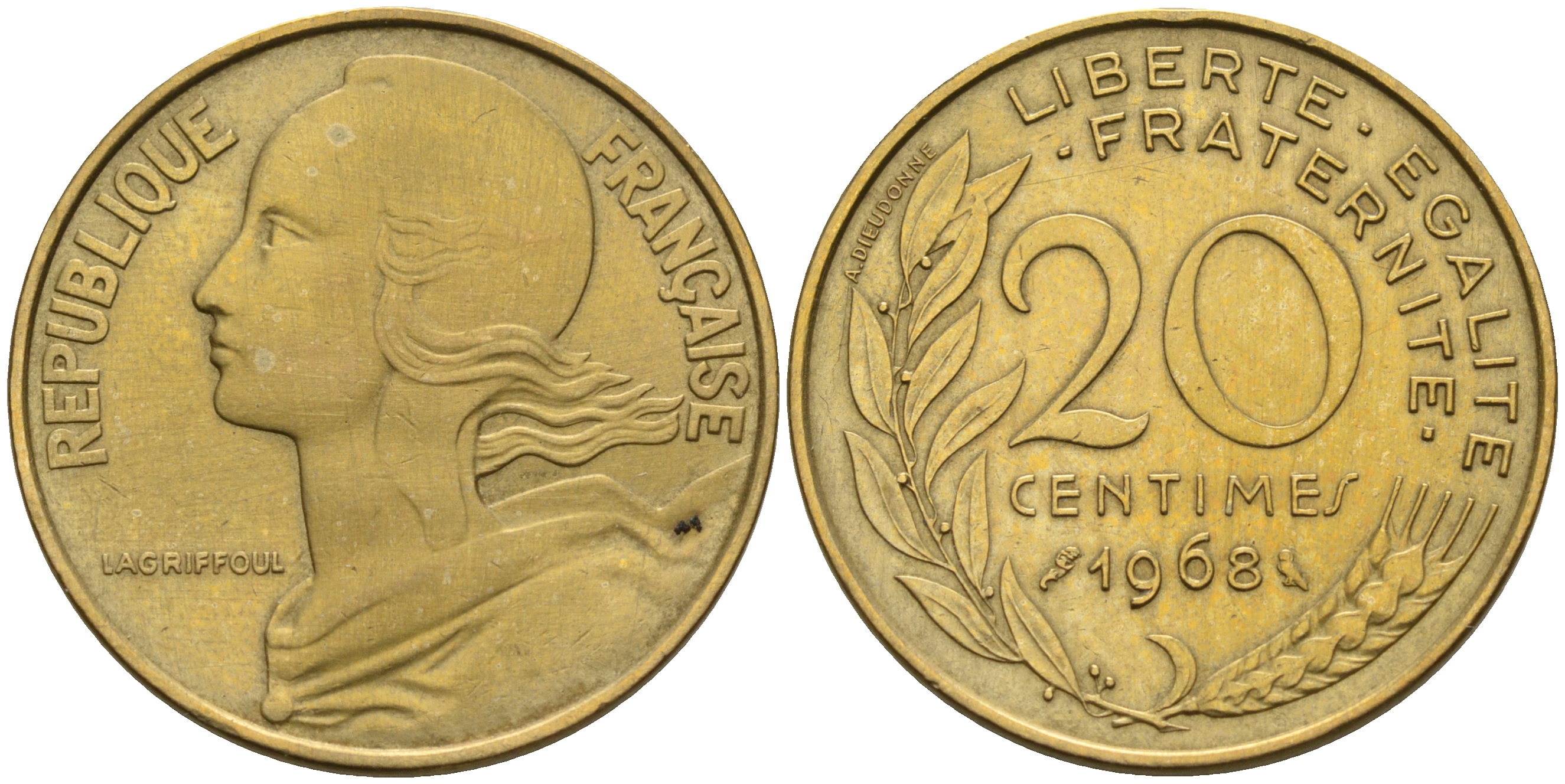 Франция 20 сантимов 1968  KM 930 медь алюминий никель    4595-1112