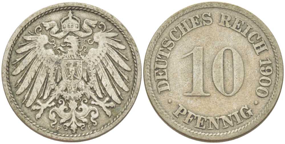 Германия 10 пфеннигов 1900 F KM 12, J. 13, Weege 8 медно-никель 259-815