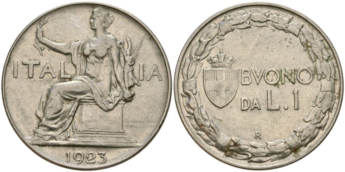 Италия 1 лира 1923 Виктор Эммануил III (1900 - 1946) KM 62 никель 4168-944