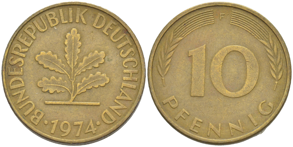 ФРГ 10 ПФЕННИГОВ 1974 F KM 108, J. 383 сталь плакированная латунью 4182-837