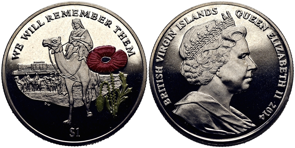 Британские Виргинские острова 1 доллар 2014 в память героев первой мировой войны, солдат верхом на верблюде, красный мак KM NEW медно-никель, эмаль  PROOF 1071-4-21