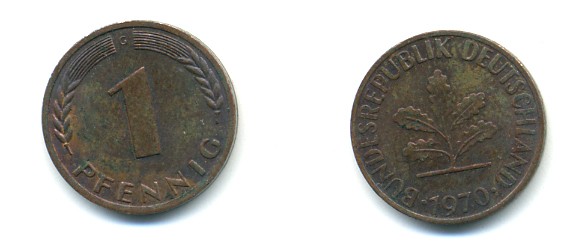 ФРГ 1 ПФЕННИГ 1970 G KM 105, J 380 сталь плакированная медью 80-759