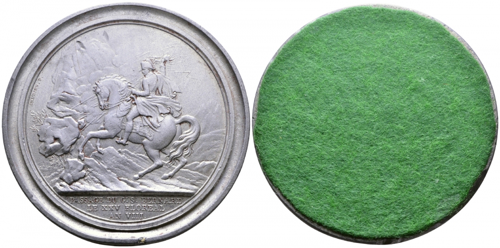 ФРАНЦИЯ МЕДАЛЬ ND БИТВА ПРИ МАРЕНГО И ПЕРЕХОД НАПОЛЕОНА ПО СЕН-БЕРНАРДСКОМУ ПЕРЕВАЛУ 25 ФЛОРЕАЛЯ 8 ГОДА РЕВОЛЮЦИИ, ОДНОСТОРОННИЙ ОТТИСК, ДИАМЕТР 66,5 ММ., ВЕС 76,1 ГР. цинк 00-00