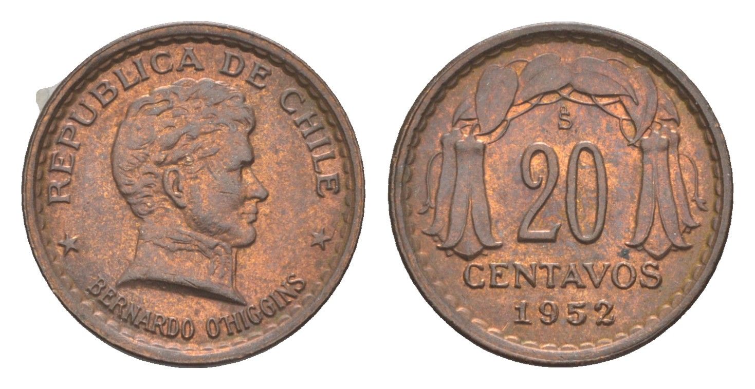 Чили 20 сентаво 1952 KM 177 медь UNC 4651-533