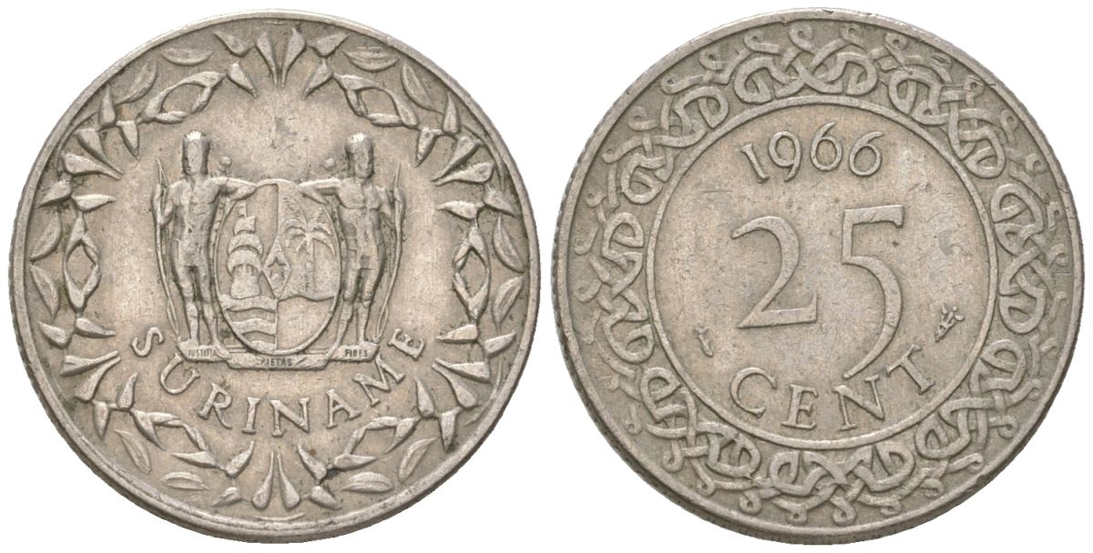 Суринам 25 центов 1966 KM 14 медно-никель 4611-827