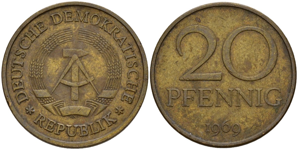 ГДР 20 пфеннигов 1969 A, первый год KM 11 латунь 92-631