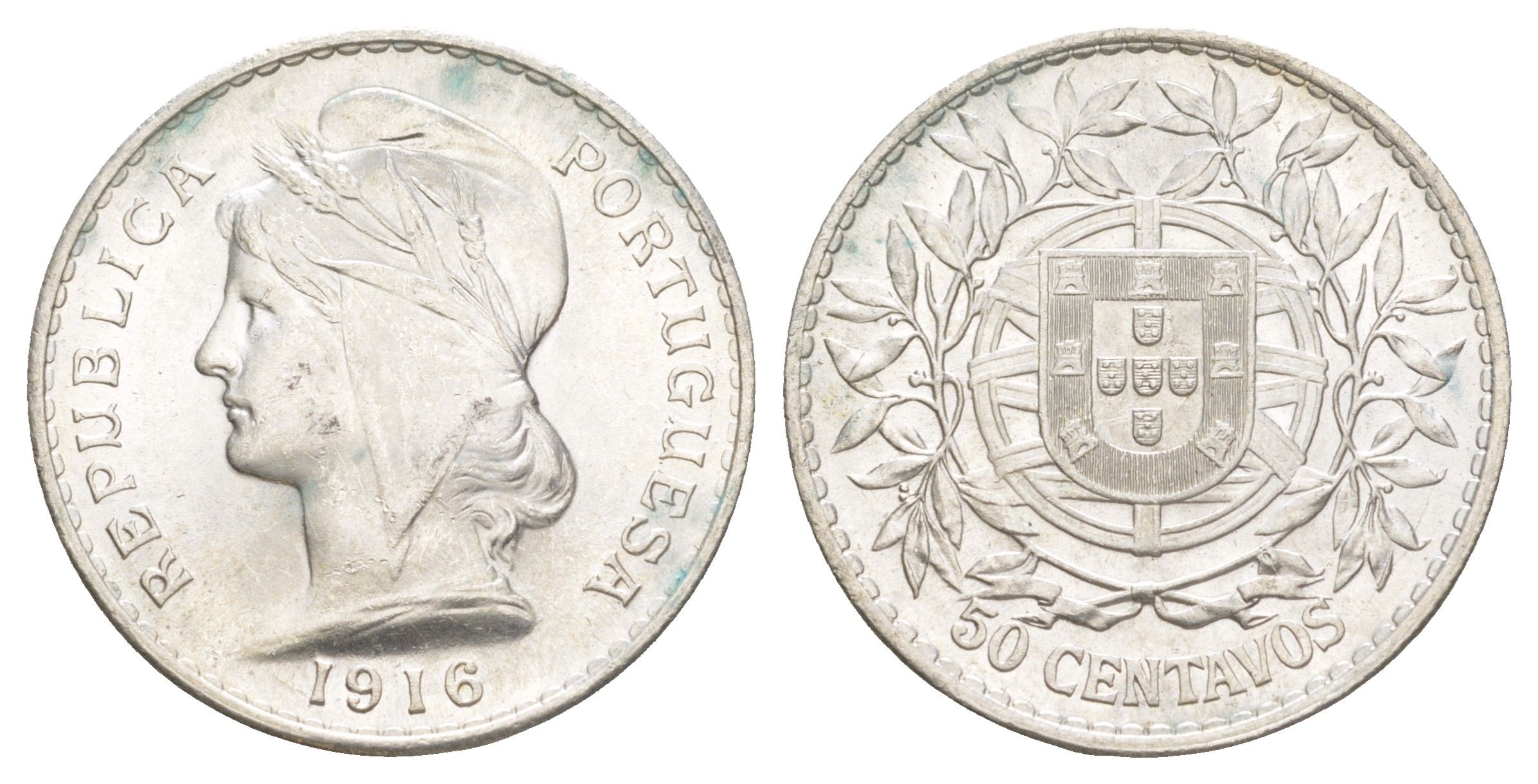 Португалия 50 сентаво 1916 KM 561 серебро UNC 4127-841