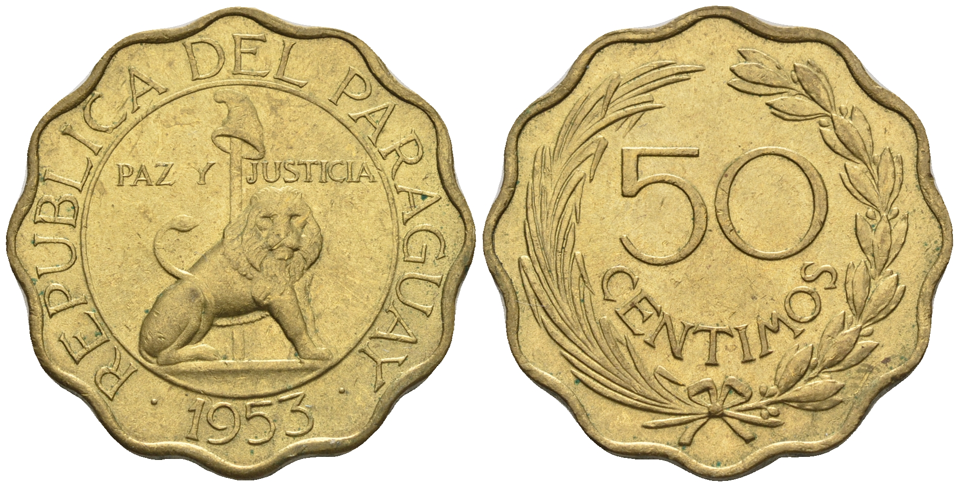 Парагвай 50 сентимо 1953 лев, фригийский колпак на шесте KM 28 алюминиевая бронза  aUNC  4176-921