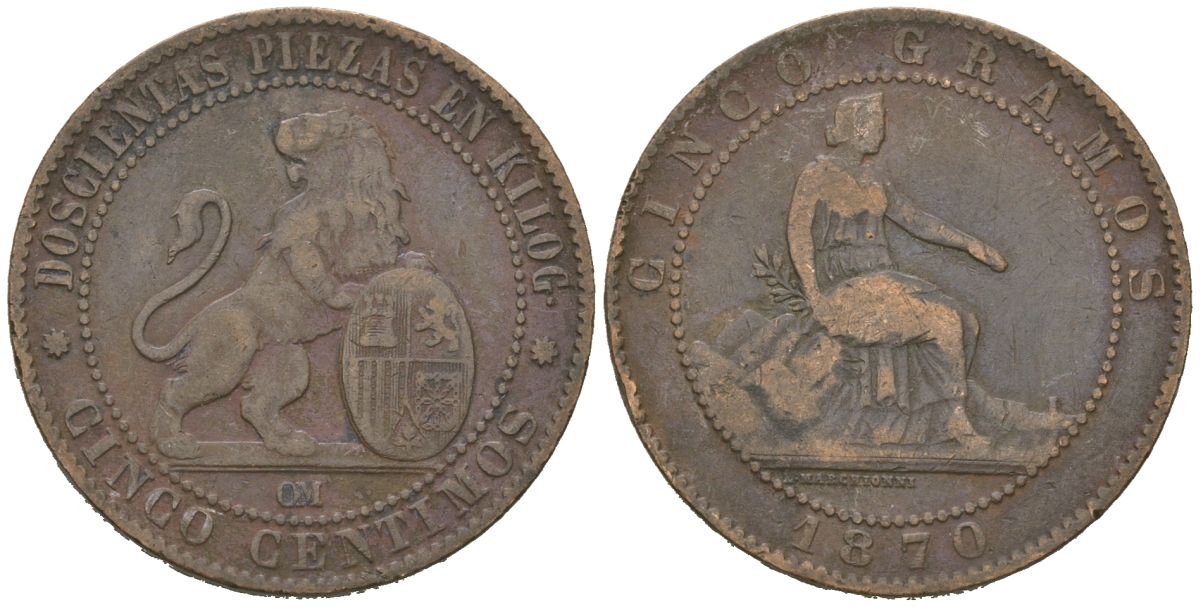 Испания 5 сентимо 1870 ОМ, лев со щитом KM 662 бронза 92-1016