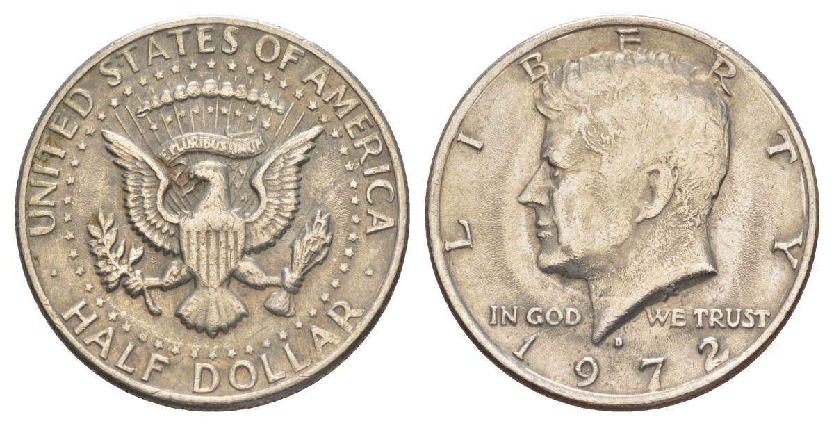 США 1/2 доллара (50 центов) 1972 D, Джон Кеннеди KM 202b медь плакированная медно-никелем aUNC 3855-331