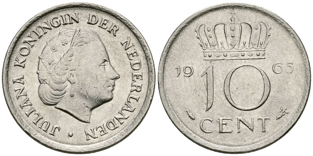 Нидерланды 10 центов 1965 Юлиана (1949-1980) KM 182 никель 96-369