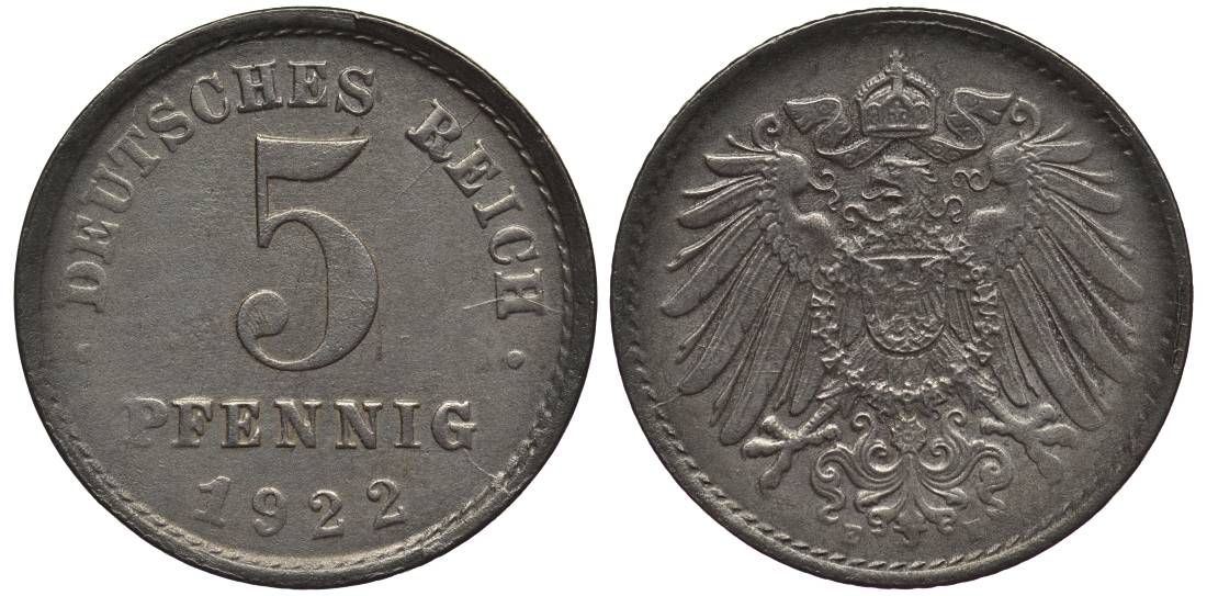 ГЕРМАНИЯ 5 ПФЕННИГОВ 1922 E KM 19, Jager 297, Weege 5 железо 4547-636