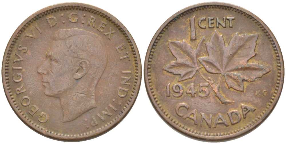 Канада 1 цент 1945 Георг VI (1937-1952), кленовый лист KM 32 бронза 211-529