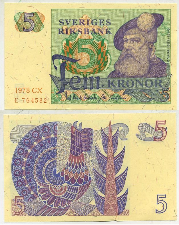 Швеция 5 крон 1978 CX, Густав I Ваза Pick 51d бумага aUNC 444-131-3