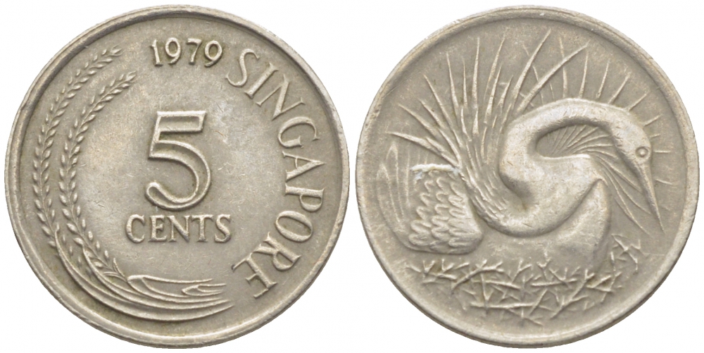 Сингапур 5 центов 1970 большая белая цапля KM 2 медно-никель 105-1246