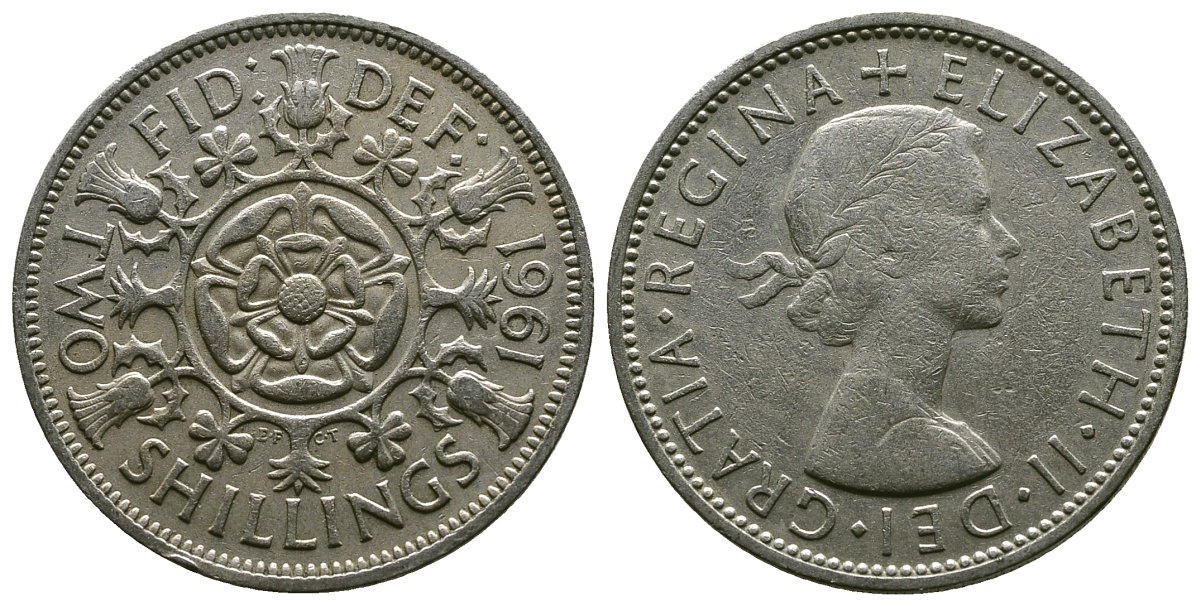 Великобритания 2 шиллинга (флорин) 1961 Елизавета II (1952-2022) KM 906, Spink 4146 медно-никель 4382-314