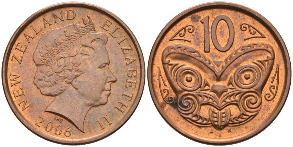 Новая Зеландия 10 центов 2006 Елизавета II (1952-2022), маска маори KM 117а сталь плакированная медью 108-437